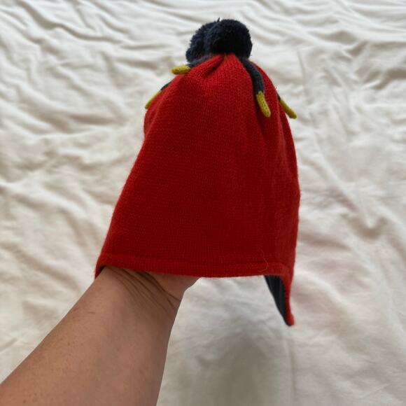 Mini Boden Knit Winter Hat Gender Neutral Red Yellow Navy Blue Puff Ball Size S - Picture 4 of 4